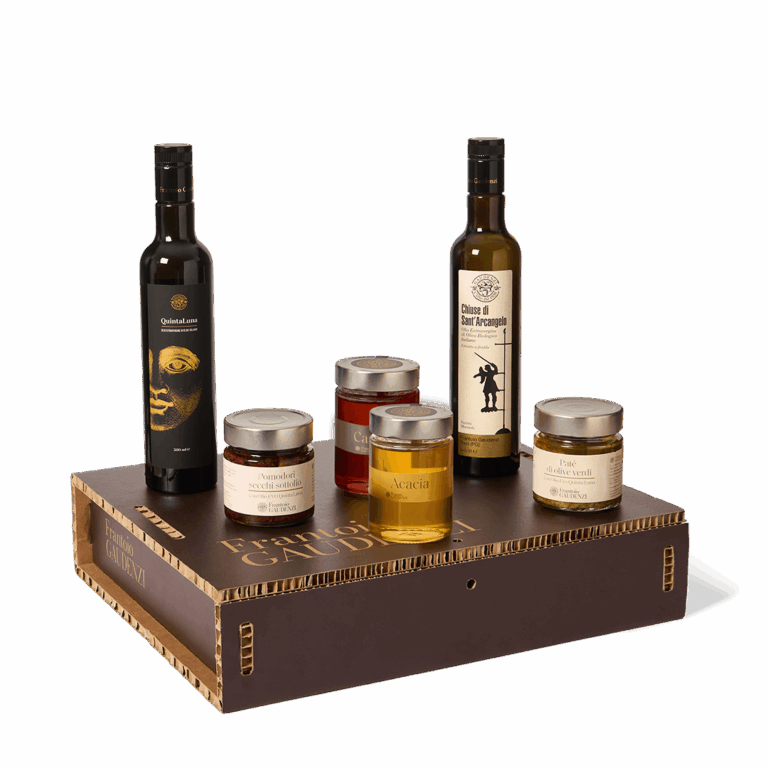 box piccolo con confetture e bottiglie di olio extra vergine
